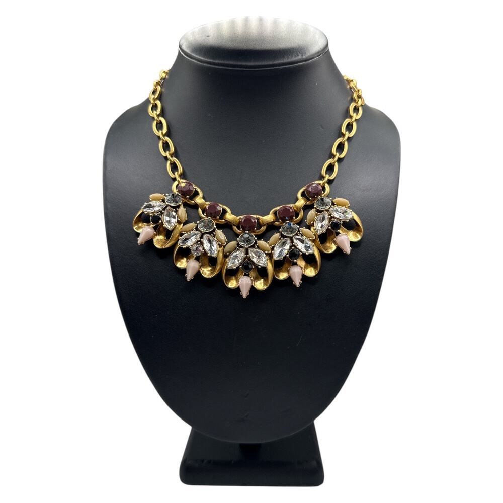 J. Crew Crystal Floral Bib Statement Necklace Antiqued Gold Pink Grey Burgundy